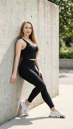 Woman in black athletic wear leaning against a concrete wall outdoors